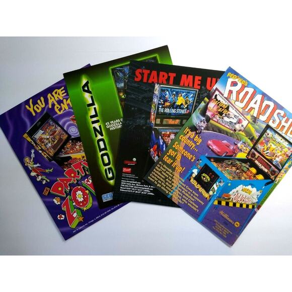 Pinball Flyers Lot Of 4 Games Road Show Rolling Stones Godzilla Party Zone #68 - Picture 1 of 2